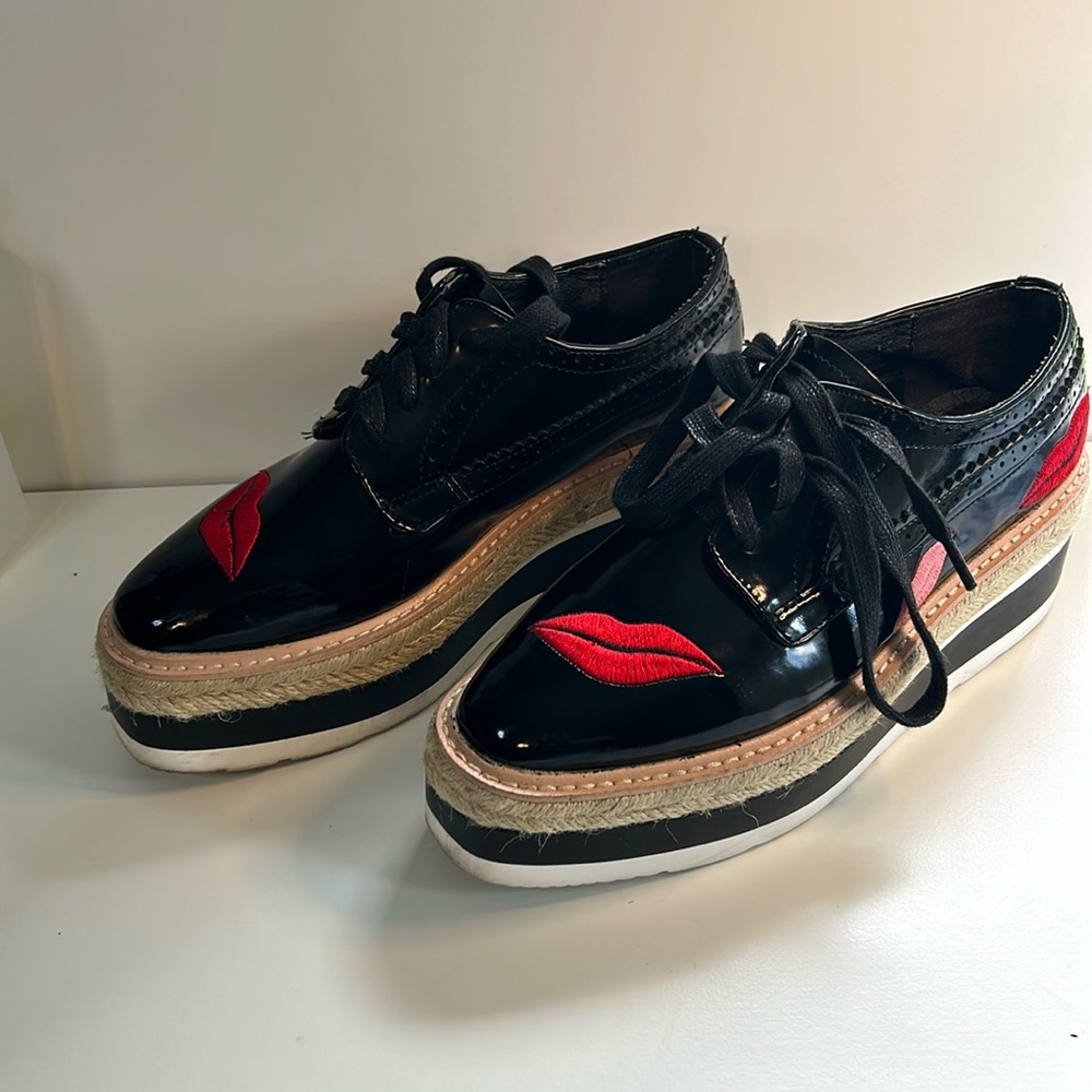 CHMOTEK Black Patent Red Lip Platform Oxfords Brogues 6